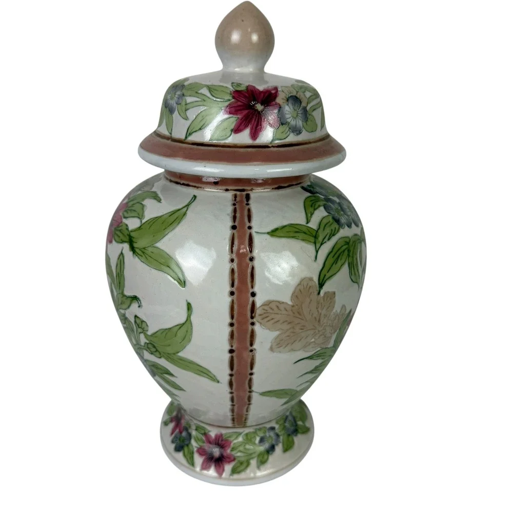 Hand Painted Floral Porcelain Ginger Jar with Lid White Pink Green 12 Inch